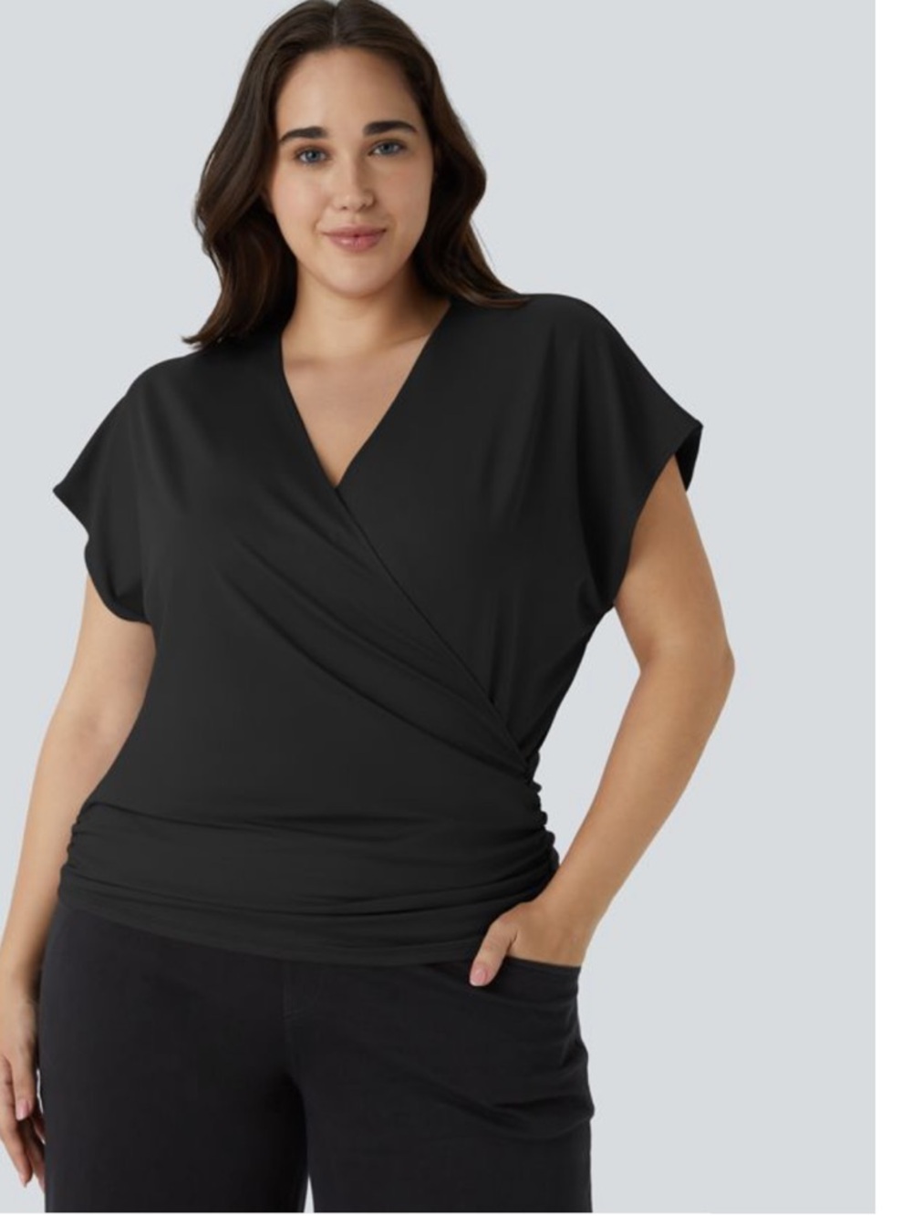 HALARA Cap Sleeve Crossover Ruched Solid Work Black Blouse Plus Size 2x. NWT.